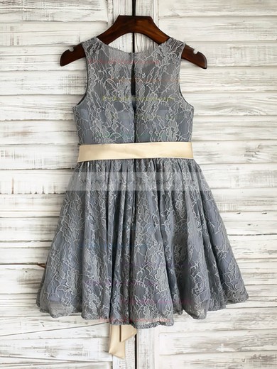Scoop Neck with Sashes/Ribbons Popular Ankle-length Gray Lace Flower Girl Dresses #PDS01031849