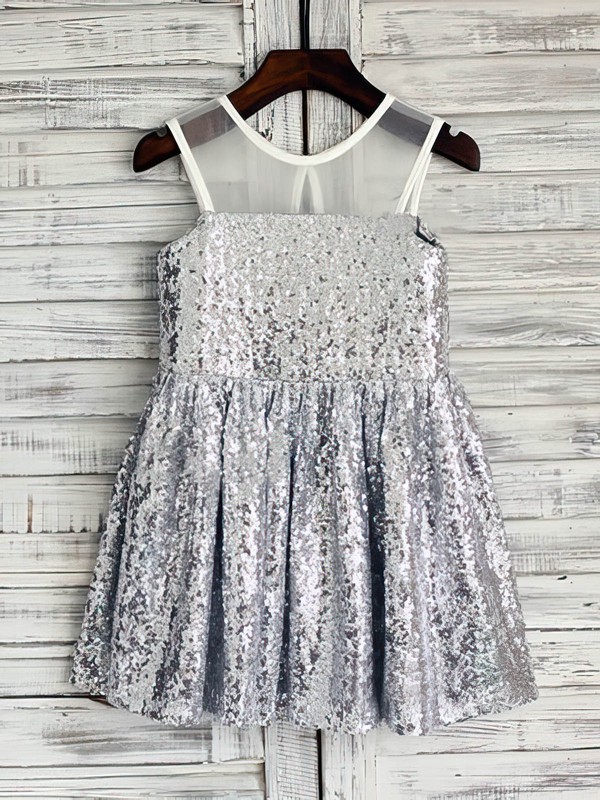 Short/Mini Ruffles Scoop Neck Gorgeous Silver Sequined Flower Girl Dresses #PDS01031850