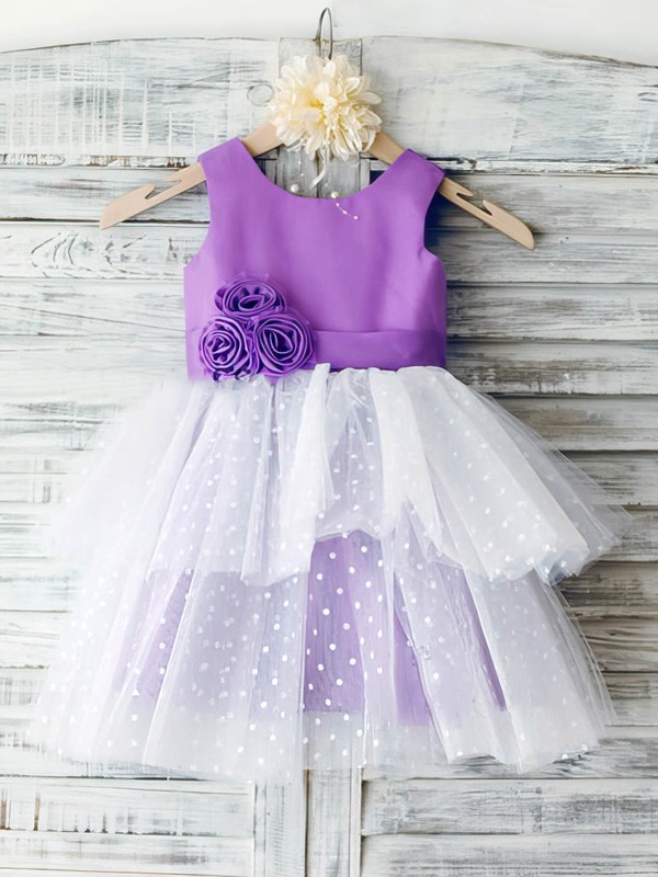 Ankle-length Multi Colours Tiered Satin Tulle with Flower(s) Prettiest Flower Girl Dress #PDS01031851