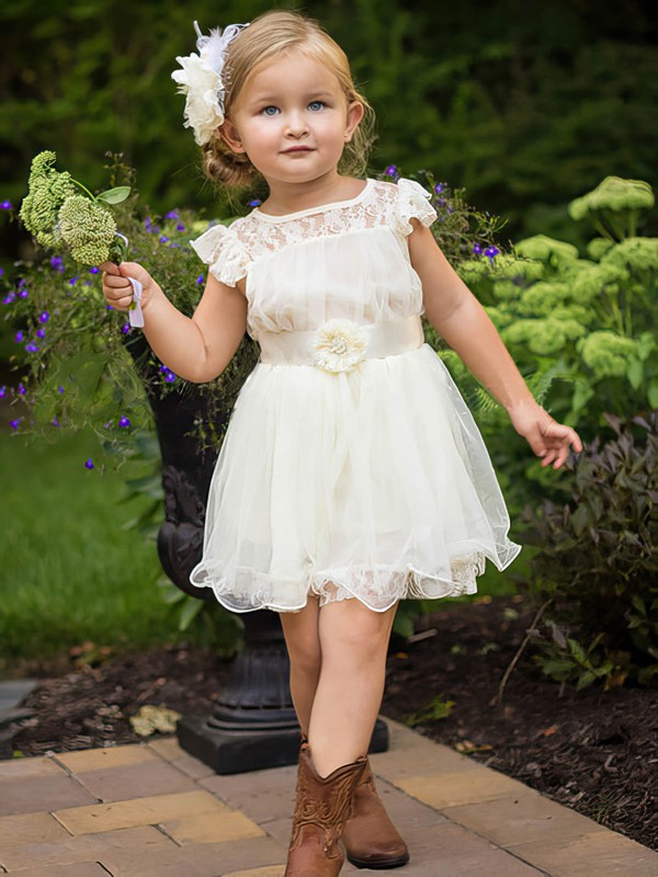 White Scoop Neck Lace Organza Sashes/Ribbons Cap Straps Ankle-length Flower Girl Dress #PDS01031853