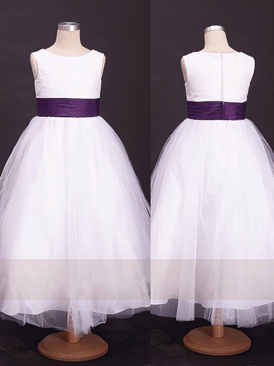 Ankle-length White Scoop Neck Tulle with Sashes/Ribbons Famous Flower Girl Dress #PDS01031857