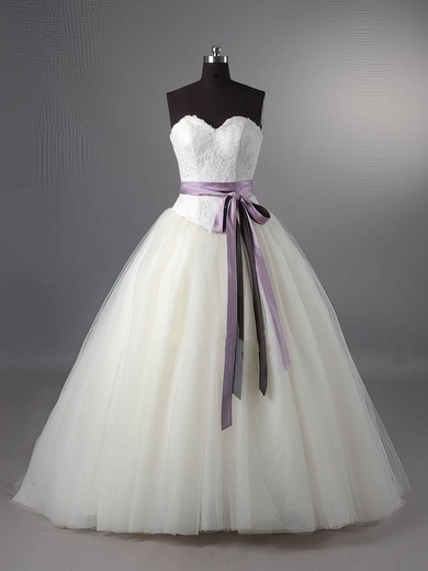 2016 Ivory Lace Tulle Lace-up with Sashes/Ribbon Ball Gown Wedding Dress #PDS00011115