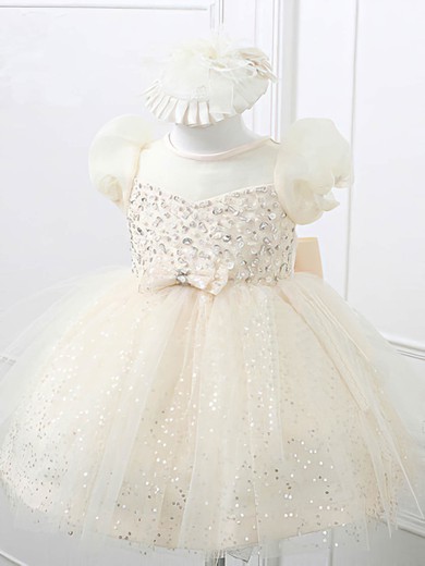 Beautiful Knee-length Ivory Satin Tulle with Beading and Bow Scoop Neck Flower Girl Dresses #PDS01031866