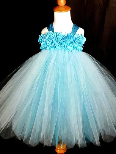 Halter Blue Tulle with Flower(s) and Bow Back Nice Ankle-length Flower Girl Dresses #PDS01031868