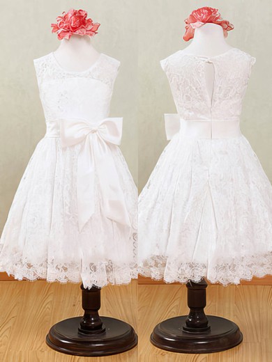 Pretty Scoop Neck Lace with Sashes / Ribbons Ankle-length White Flower Girl Dresses #PDS01031871
