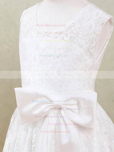 Pretty Scoop Neck Lace with Sashes / Ribbons Ankle-length White Flower Girl Dresses #PDS01031871