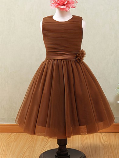 Brown Scoop Neck Tulle with Flower(s) Ankle-length Flower Girl Dresses #PDS01031877