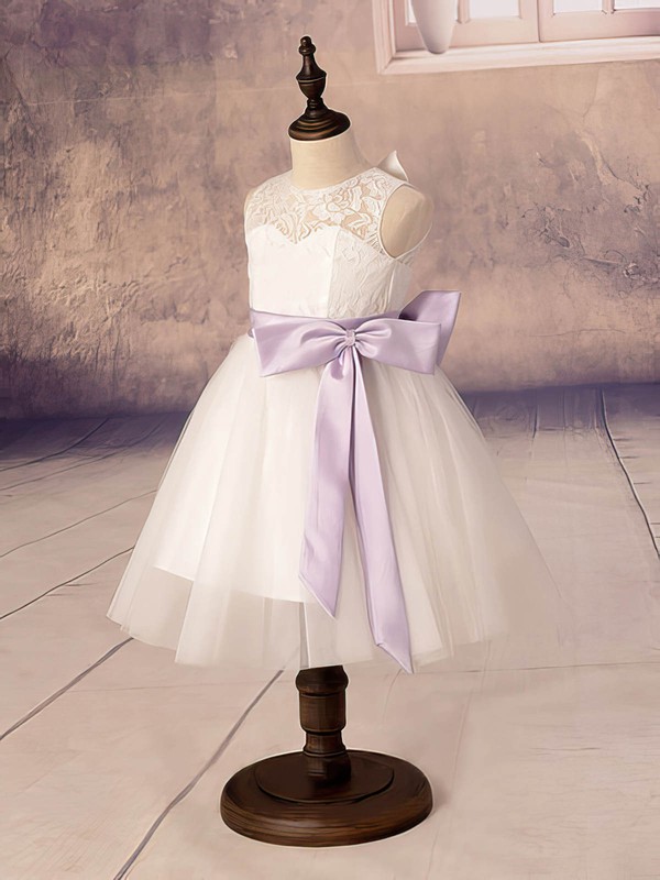 Simple Ankle-length Scoop Neck White Lace Tulle with Bow Flower Girl Dresses #PDS01031878