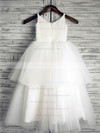 Beautiful Ball Gown White Tiered Satin Tulle Flower(s) Scoop Neck Flower Girl Dress #PDS01031882