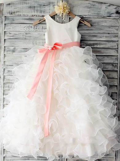 White Ball Gown Tiered Organza with Sashes/Ribbons Scoop Neck Flower Girl Dress #PDS01031883