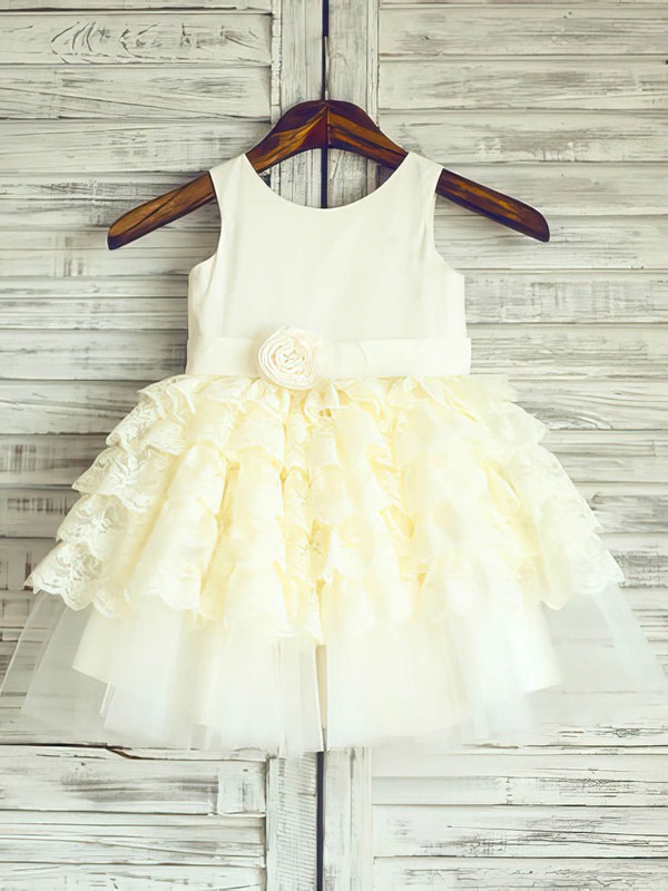 Scoop Neck Tiered Light Yellow Lace Satin Tulle Sashes / Ribbons Ball Gown Flower Girl Dress #PDS01031886