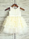 Scoop Neck Tiered Light Yellow Lace Satin Tulle Sashes / Ribbons Ball Gown Flower Girl Dress #PDS01031886