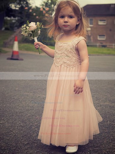Pretty Ankle-length Pearl Pink Lace Tulle with Ruffles Scoop Neck Flower Girl Dresses #PDS01031889