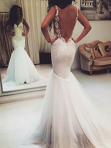 Sweetheart Tulle Appliques Lace Trumpet/Mermaid Open Back Gorgeous Wedding Dress #PDS00021421