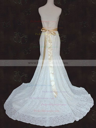 Vintage Strapless Ivory Lace Sashes / Ribbons Court Train Wedding Dress #PDS00021424