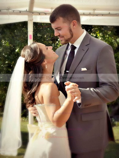 Ivory Taffeta Lace Sweetheart with Bow Latest Tea-length Wedding Dress #PDS00021432