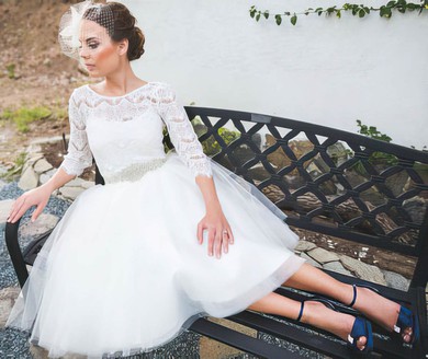 Scoop Neck White Tulle Lace 3/4 Sleeve Knee-length Cute Wedding Dress #PDS00021437