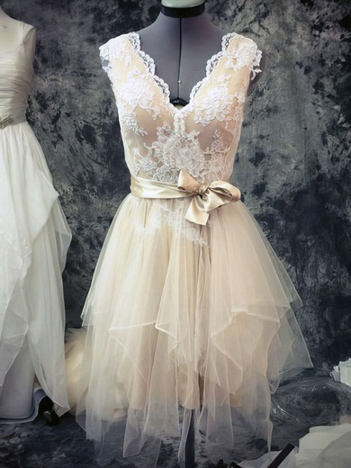 Champagne Tulle Lace Sashes/Ribbons Asymmetrical Short/Mini Wedding Dresses #PDS00021442