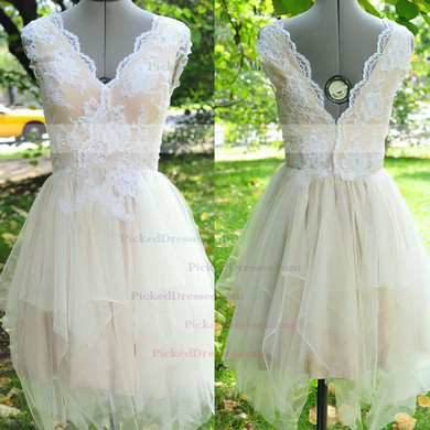 Champagne Tulle Lace Sashes/Ribbons Asymmetrical Short/Mini Wedding Dresses #PDS00021442