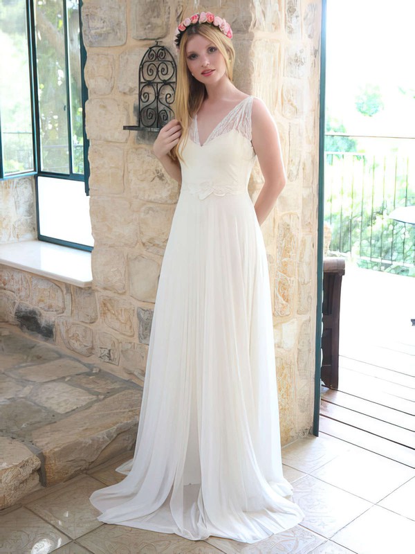Summer A-line V-neck Sashes/Ribbons Ivory Chiffon Lace Wedding Dresses #PDS00021446