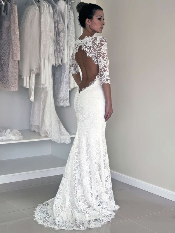 Good Trumpet/Mermaid 3/4 Sleeve White Lace Open Back Wedding Dress #PDS00021456