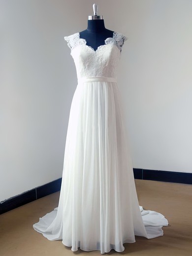 Ivory V-neck Chiffon Lace Open Back Sweep Train Discounted Wedding Dress #PDS00021468