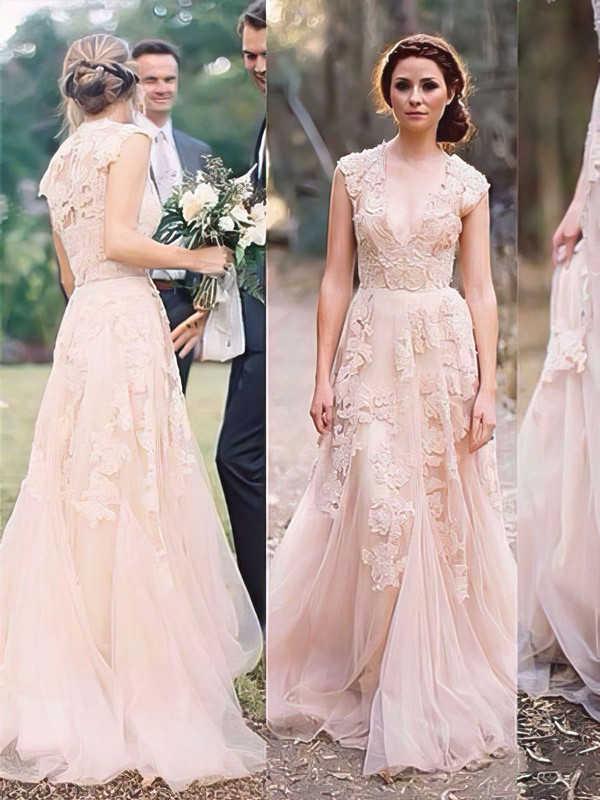 V-neck with Cap Straps Pearl Pink Tulle Appliques Lace Expensive Wedding Dress #PDS00021475