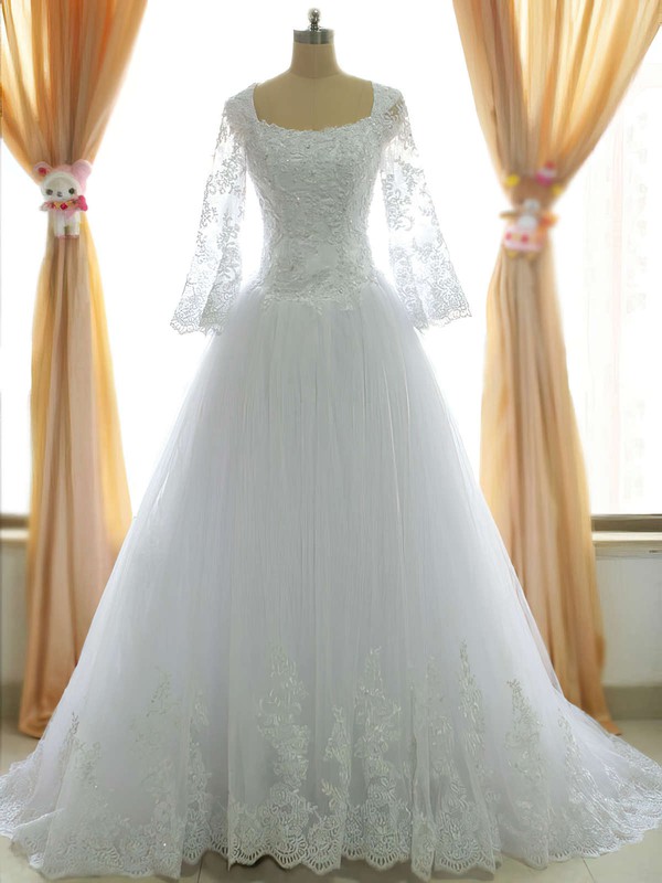 Long Sleeve Chapel Train Tulle Appliques Lace Square Neckline Coolest Wedding Dress