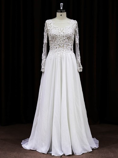 Sweep Train Long Sleeve White Chiffon Tulle Appliques Lace Scoop Neck Wedding Dress #PDS00021488