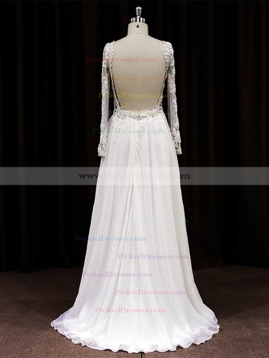 Sweep Train Long Sleeve White Chiffon Tulle Appliques Lace Scoop Neck Wedding Dress #PDS00021488