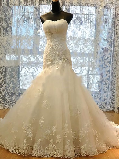 Promotion Sweetheart Appliques Lace Trumpet/Mermaid Lace-up Satin Tulle Wedding Dresses #PDS00021489