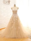 Chapel Train Champagne Tulle Appliques Lace Lace-up Designer Wedding Dresses #PDS00021496