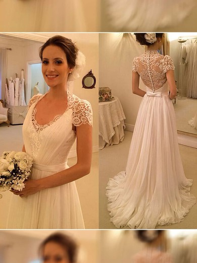 2016 V-neck Ivory Chiffon with Appliques Lace Short Sleeve Wedding Dress #PDS00021497
