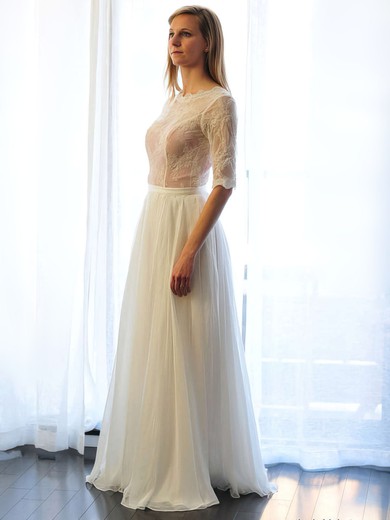 Great Scoop Neck Ivory Chiffon Lace 1/2 Sleeve A-line Wedding Dresses #PDS00021511