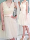 Promotion V-neck Knee-length Bow Champagne Tulle Bridesmaid Dresses #PDS01012105