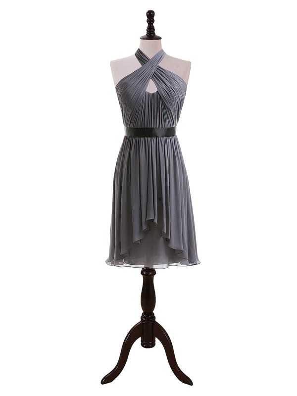 A-line Knee-length Chiffon Sashes/Ribbons Halter Bridesmaid Dresses #PDS01012608