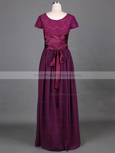 Short Sleeve Floor-length Grape Lace Chiffon Sashes / Ribbons Scoop Neck Mother of the Bride Dress #PDS01021316