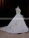 Ivory Chapel Train Tulle Appliques Lace Cheap Sweetheart Wedding Dresses #PDS00021632