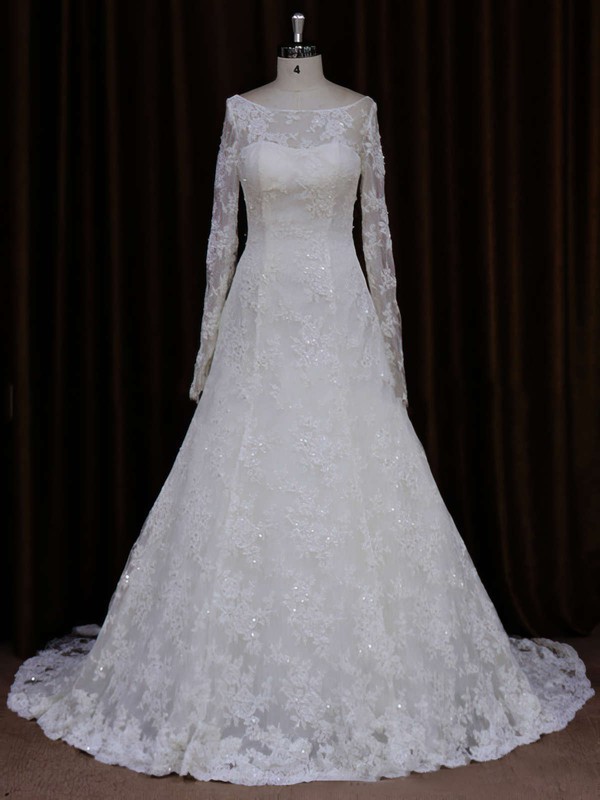 Unique Long Sleeve Ivory Lace Beading Scoop Neck Wedding Dresses #PDS00021634