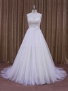 Vintage Court Train White Lace Tulle with Sequins Scoop Neck Wedding Dresses #PDS00021637