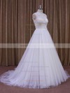 Vintage Court Train White Lace Tulle with Sequins Scoop Neck Wedding Dresses #PDS00021637