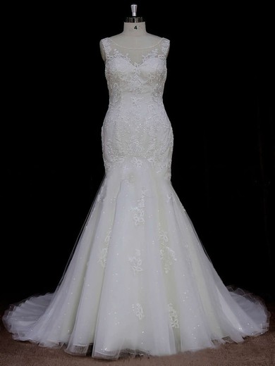 Trumpet/Mermaid Discount Ivory Tulle Appliques Lace Scoop Neck Wedding Dresses #PDS00021638