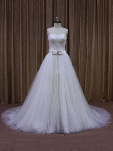 Affordable Ivory Tulle Sashes / Ribbons Chapel Train Sweetheart Wedding Dresses #PDS00021640