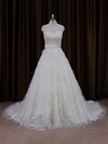 Ivory Court Train Lace Sashes / Ribbons Cap Straps High Neck Wedding Dresses #PDS00021642