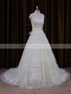 Ivory Court Train Lace Sashes / Ribbons Cap Straps High Neck Wedding Dresses #PDS00021642