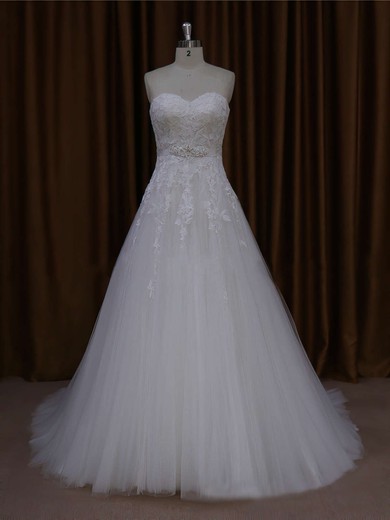 Ivory Sweetheart Tulle Appliques Lace Inexpensive Court Train Wedding Dresses #PDS00021643