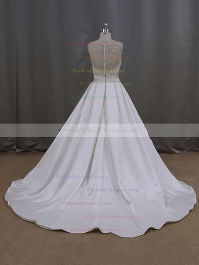 Elegant Court Train Ivory Satin Pearl Detailing Scoop Neck Wedding Dresses #PDS00021645