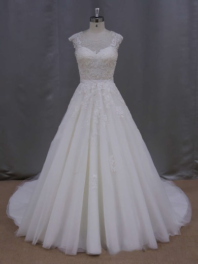 Ball Gown Tulle Appliques Lace Cap Straps Scoop Neck Ivory Wedding Dresses #PDS00021646