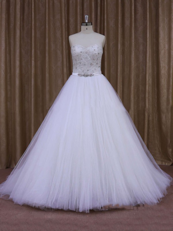 Fabulous Sweep Train Tulle Pearl Detailing White Sweetheart Wedding Dresses #PDS00021651