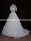 Short Sleeve Off-the-shoulder Ivory Tulle Beading Court Train Wedding Dress #PDS00021654